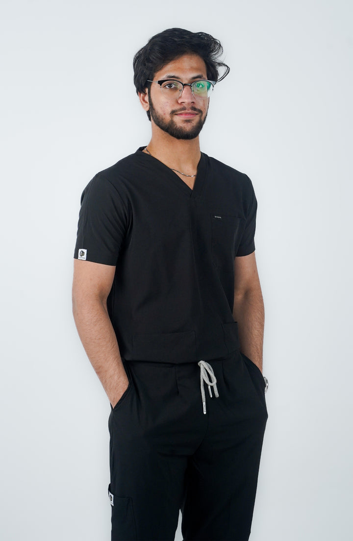 Male doctor wearing Midnight Black Charm Scrub front view – ScrubyHub
