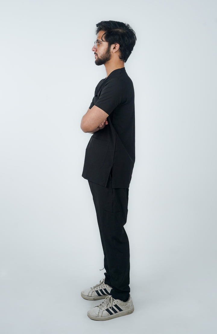 Male nurse in Midnight Black Charm Scrub with stethoscope – ScrubyHub