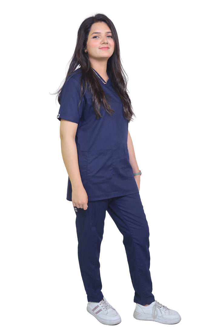 Nurse working in soft blue cotton scrub during a clinical shift