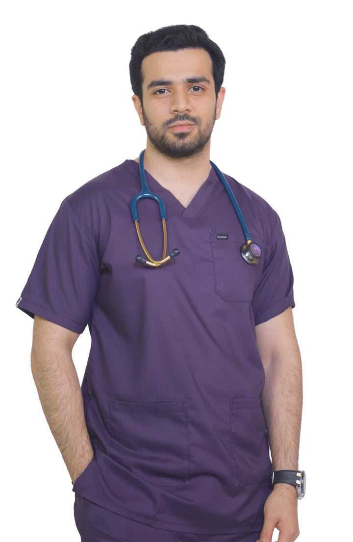 Male healthcare professional wearing purple cotton scrub with stethoscope around neck.