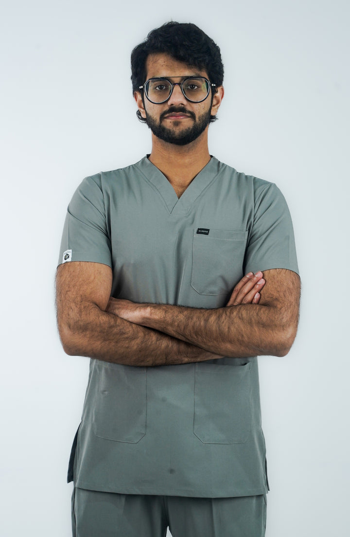Male front view wearing Midnight Slate Silver Scrubs by ScrubyHub