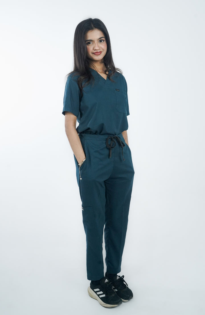 Female doctor wearing ScrubyHub Zinc Cotton Scrub front view – breathable medical uniform.