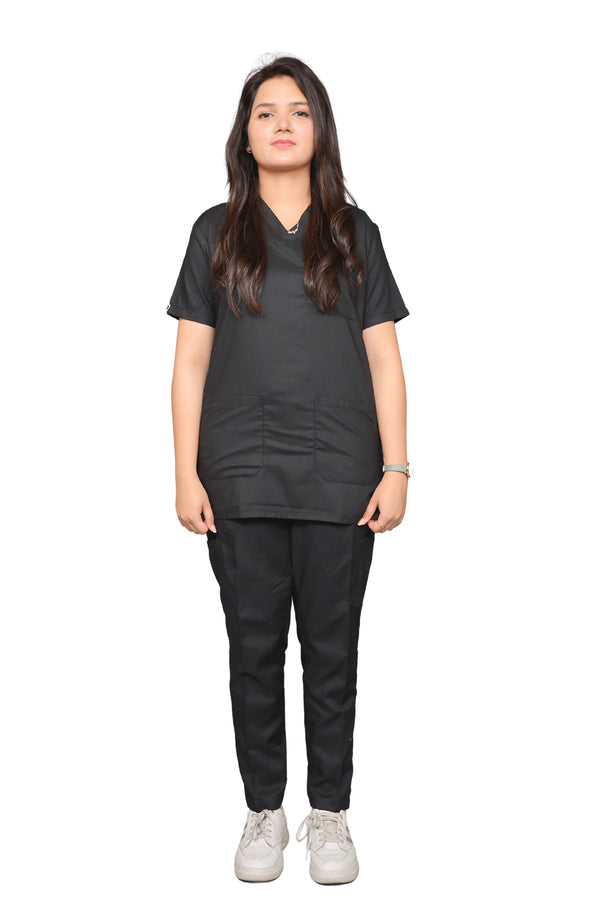 Doctor wearing black scrub cotton in a hospital hallway