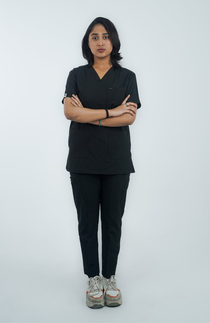 Female doctor in Midnight Black Charm Scrub front view – ScrubyHub