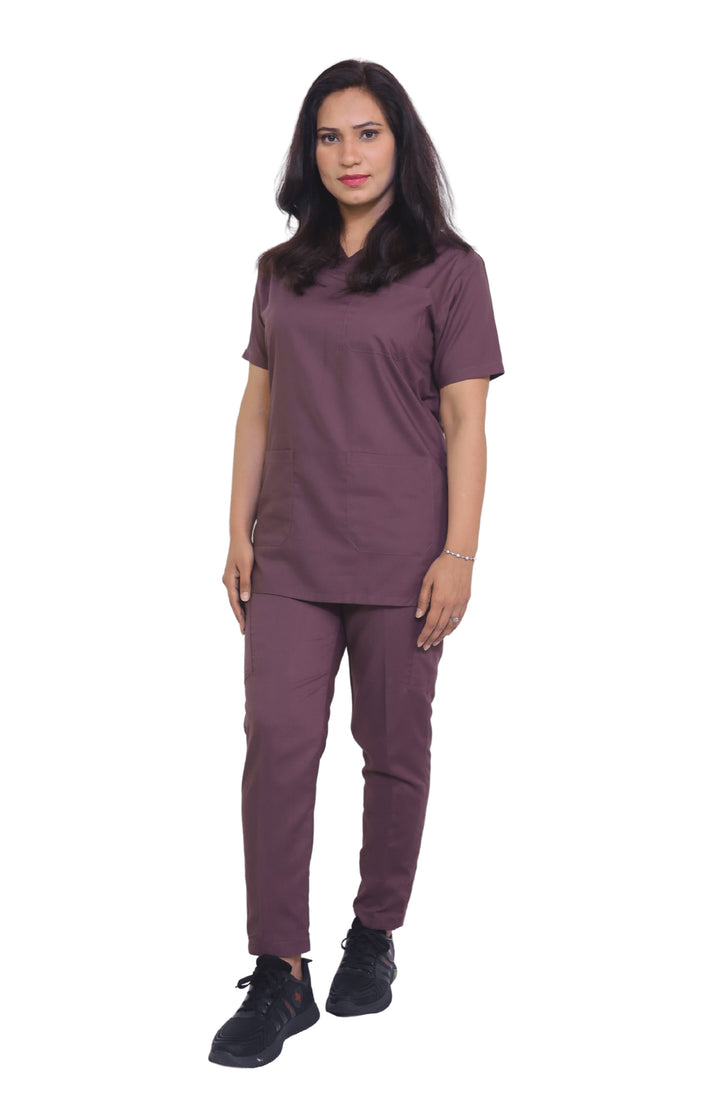 Female nurse in front view wearing Plum Cotton Scrub – ScrubyHub medical fashion