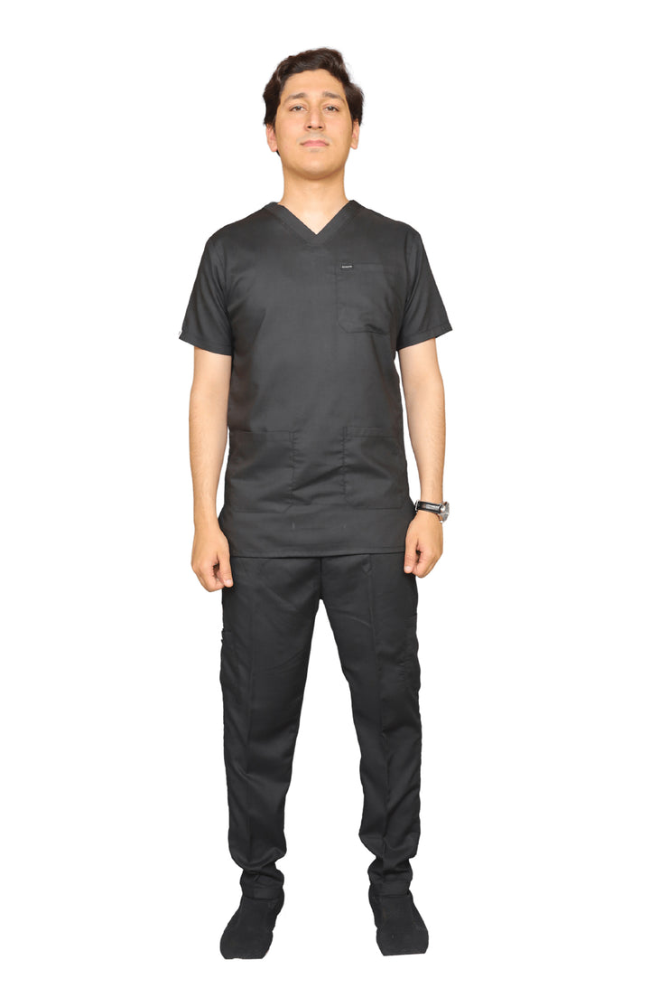 Comfortable black scrub cotton uniform with pockets on display
