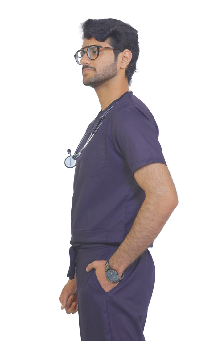 male medical staff in ScrubyHub purple scrub highlighting side fitting.