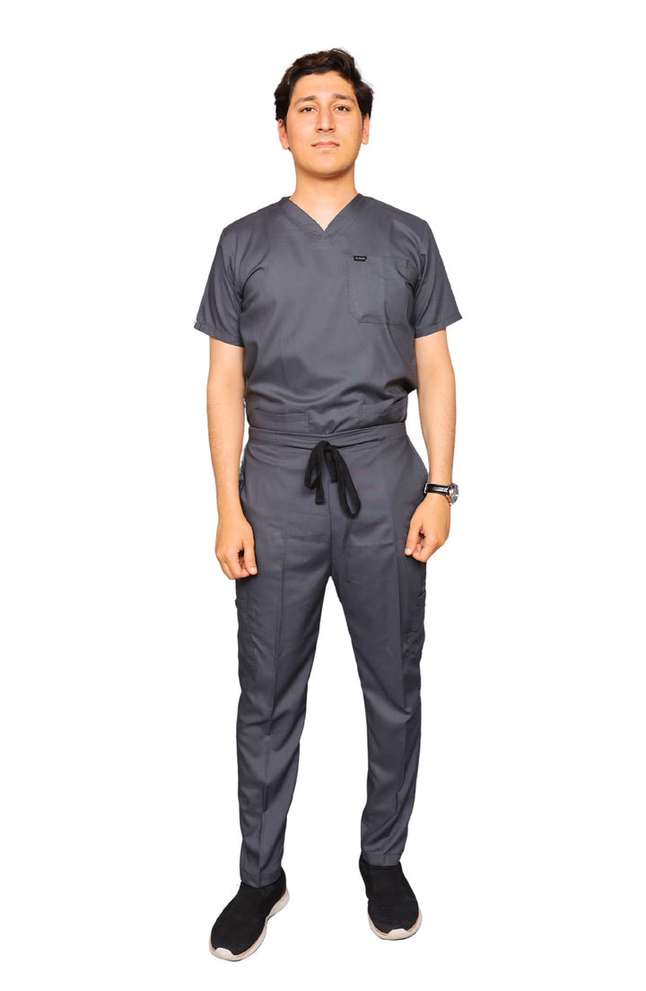 Comfortable grey cotton medical scrub for male healthcare professionals by ScrubyHub