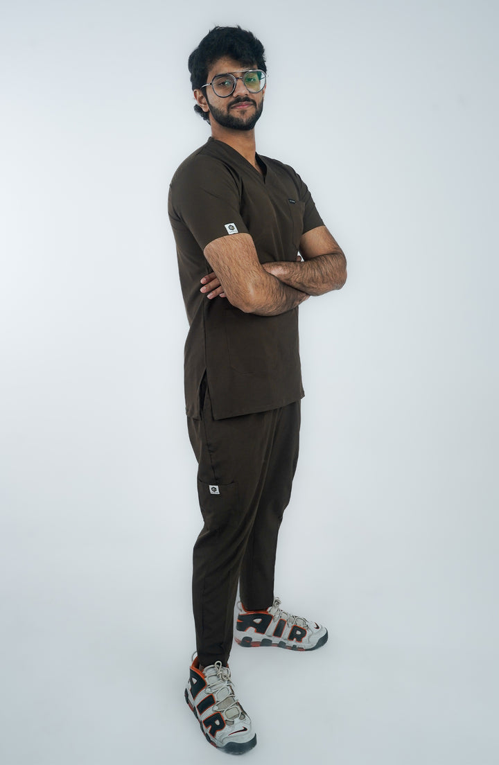 Side profile of male in professional Midnight Brown Scrub set by scruby hub