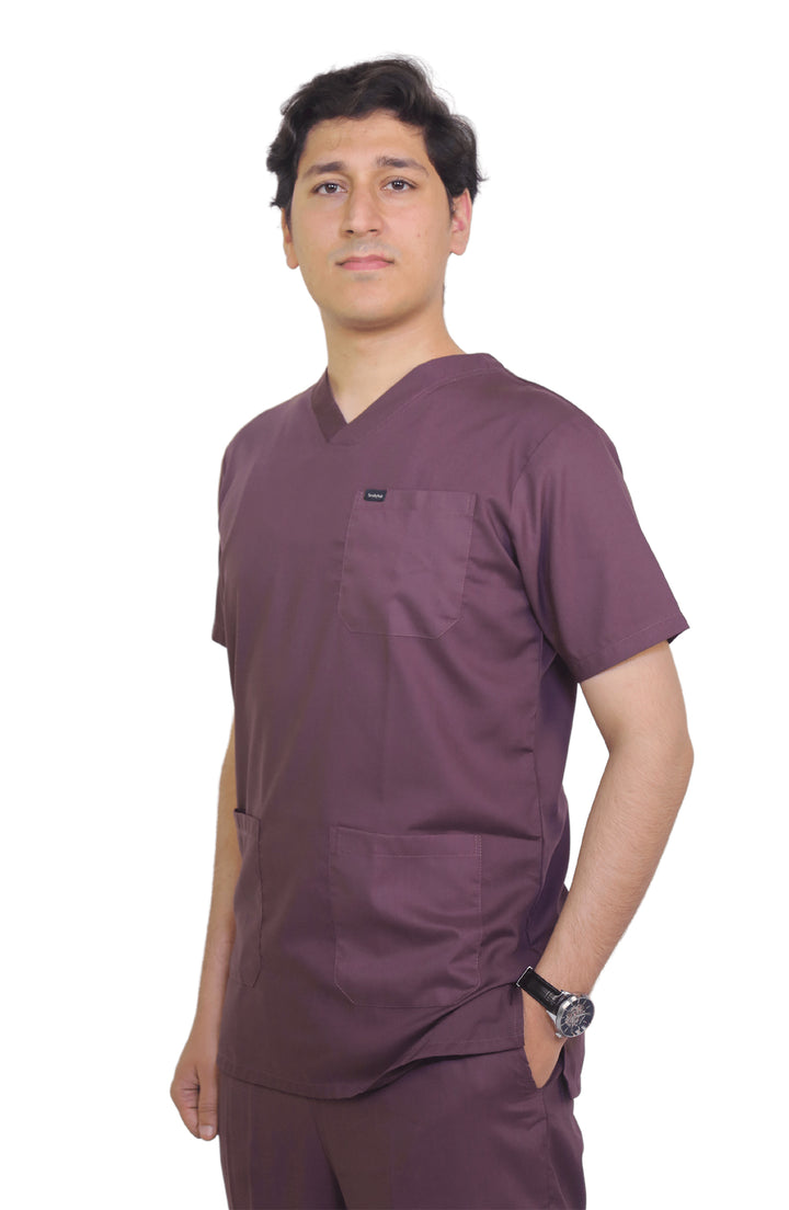 Male doctor wearing Plum Cotton Scrub front view – ScrubyHub medical uniforms