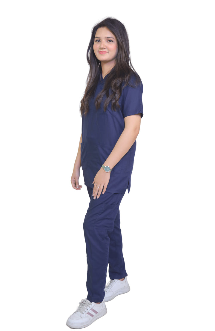 Front view of premium blue cotton medical scrub by ScrubyHub