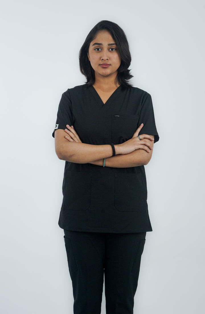 Female doctor in Midnight Black Charm Scrub front view