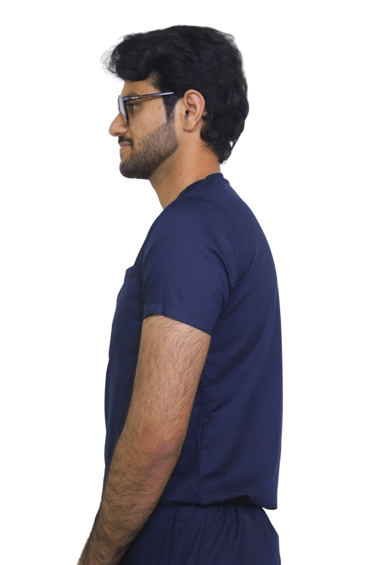 Comfortable blue cotton scrub uniform with pockets on display