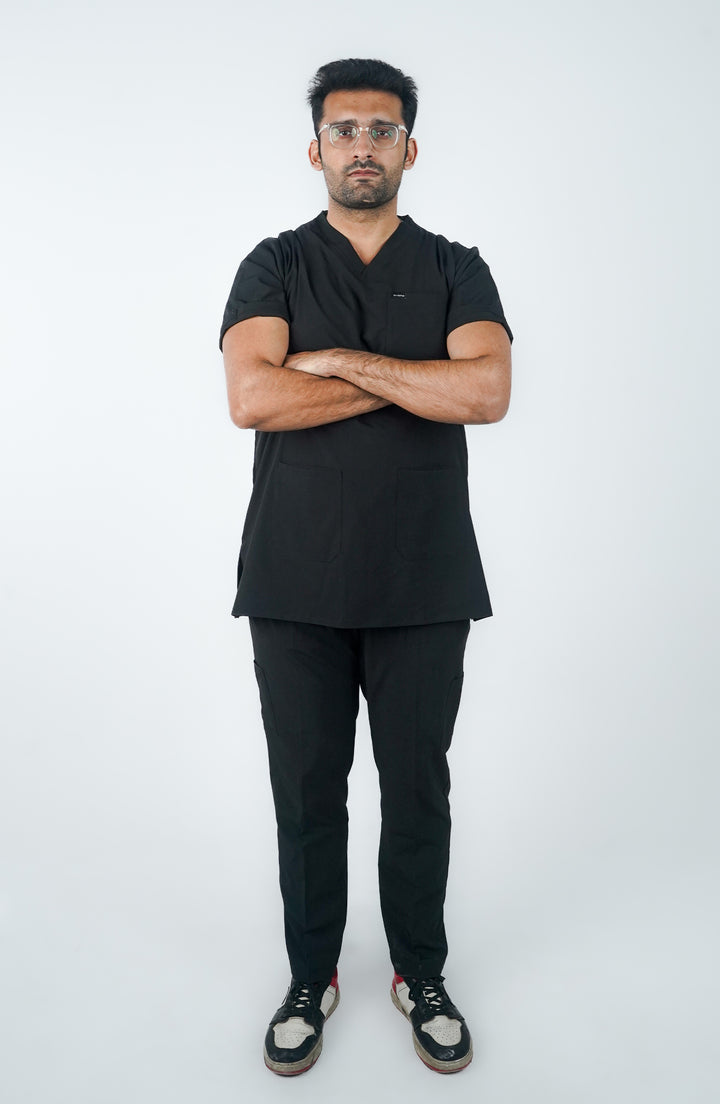 front of white background men doctor wear mid night black scrub by scruby hub