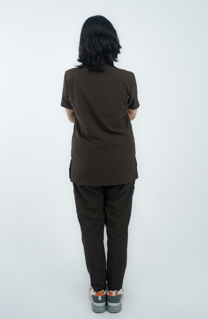 Back view of female model wearing Midnight Brown Scrubs