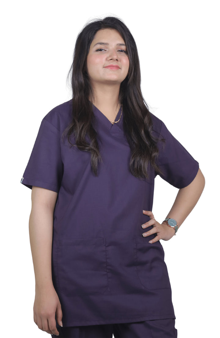Side profile of female doctor wearing purple scrub showing sleek side fit.