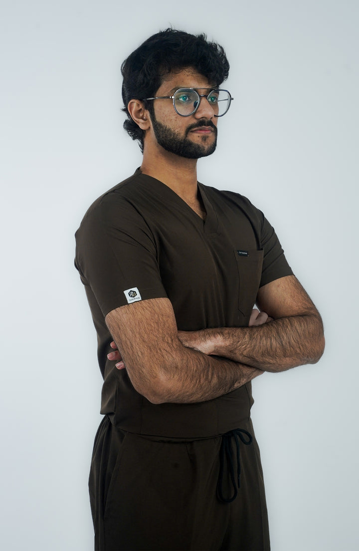 Back view of male healthcare worker in x Scrubs